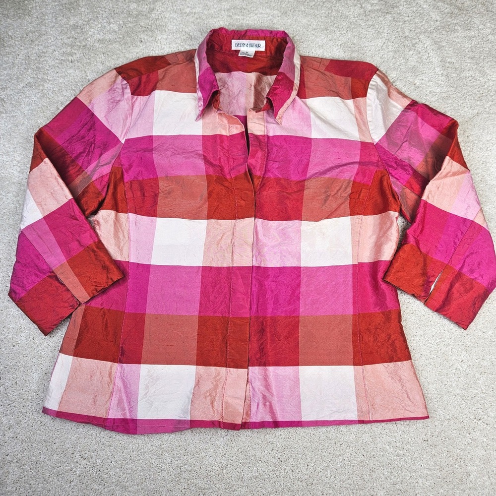 Women's Evelyn &‎ Arthur Retro Silk Plaid Button Down Shirt Pink Red Size Medium